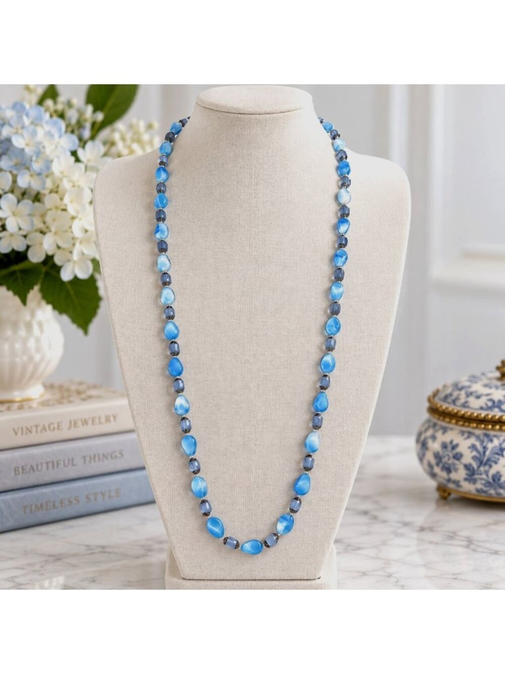 Vintage Baby Blue Glass Bead Necklace 34 Inch Long Strand Silver Tone Accents